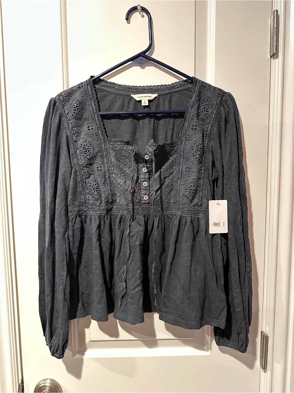Lucky Brand Dark Gray Embroidered Peasant Blouse